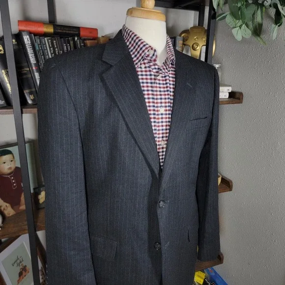JOS A BANK Men's Flannel Sport Coat Two Button Black‎ Striped Wool Cashmere 43R